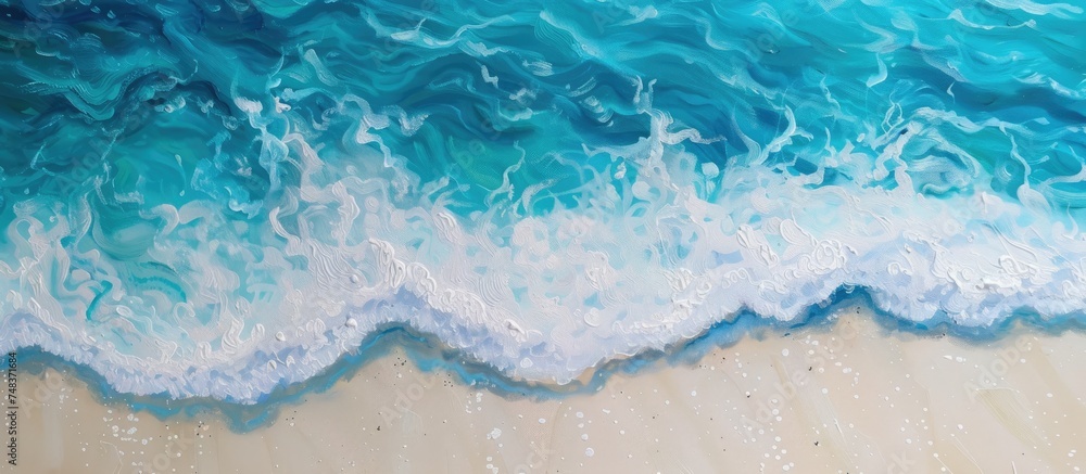 The painting depicts a sunny beach with captivating blue waves meeting white sand. The vibrant colors highlight the interaction between the water and the shore. The painting depicts a sunny beach with captivating blue waves meeting white sand. The vibrant colors highlight the interaction between the water and the shore.