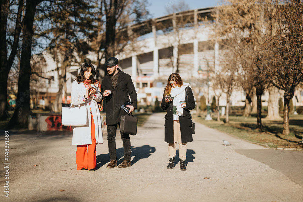 Three business professionals engaged in an informal meeting while taking a walk on a sunny winter day in an urban park setting. Three business professionals engaged in an informal meeting while taking a walk on a sunny winter day in an urban park setting.