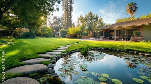 beautiful little lake in a backyard of a house with stone footprints © Marco