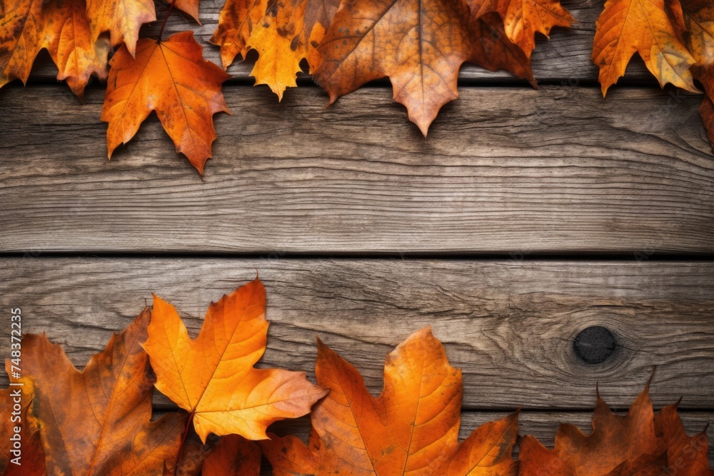 orange fall leaves and old wooden board autumn natural background orange fall leaves and old wooden board autumn natural background