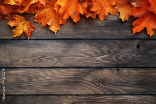 orange fall leaves and old wooden board autumn natural background