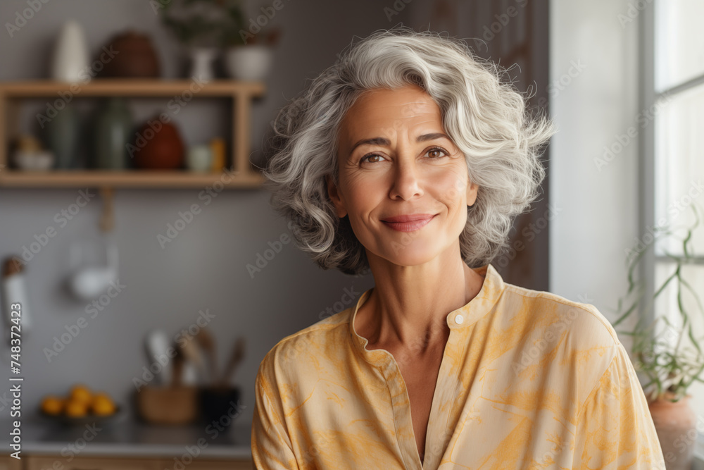 Pretty old mature woman looking at camera with serious positive face expression, posing indoors in modern home apartment interior. Video conference call head shot portrait Pretty old mature woman looking at camera with serious positive face expression, posing indoors in modern home apartment interior. Video conference call head shot portrait