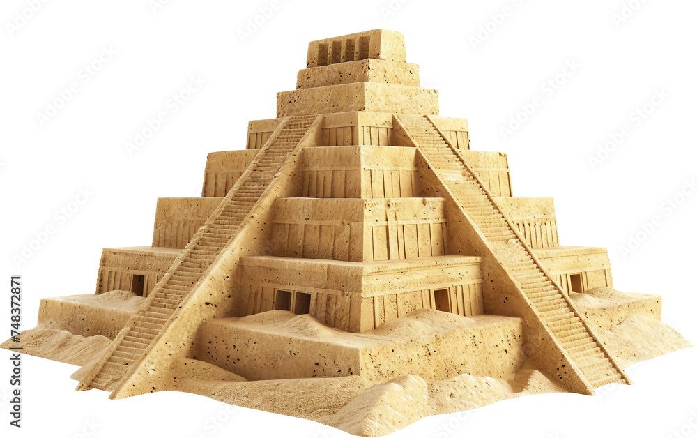 Ancient Mesopotamian Ziggurat Resilient in the Desert Isolated on Transparent Background.