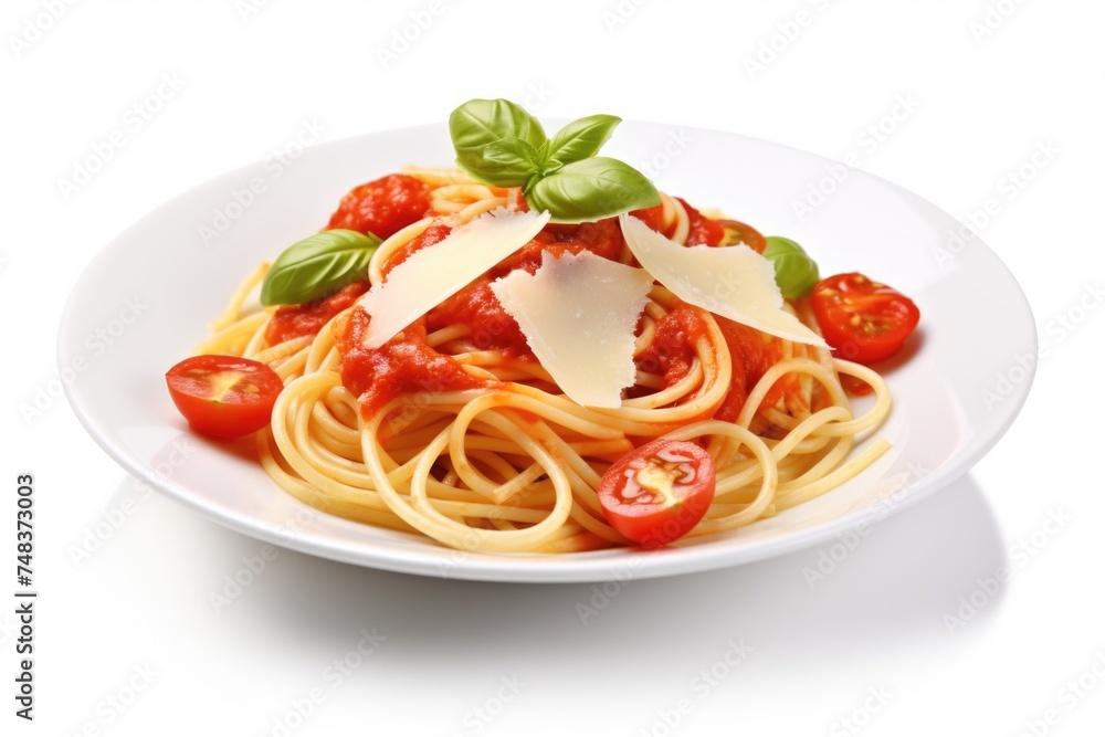 Spaghetti with tomato sauce  cheese  and basil on white background.