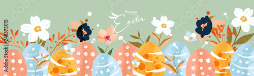 Happy Easter banner. Trendy design with typography, easter rabbit, eggs, roses, leaves, floral bouquets, spring flowers compositions. Poster, greeting card, header or cover for website templates. © ArtLina