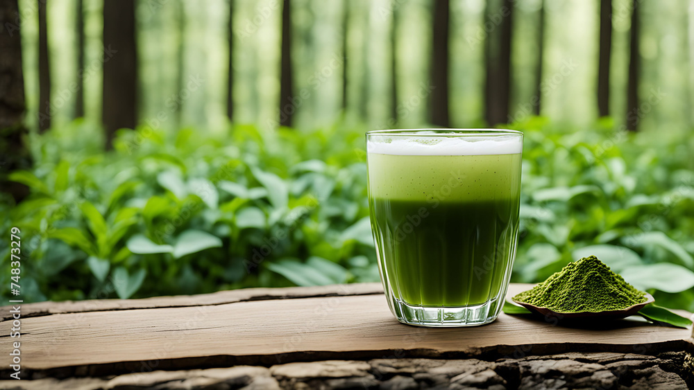 A glass of vibrant green matcha tea on a rustic wooden surface, with matcha powder beside, set against a lush forest backdrop. A glass of vibrant green matcha tea on a rustic wooden surface, with matcha powder beside, set against a lush forest backdrop.