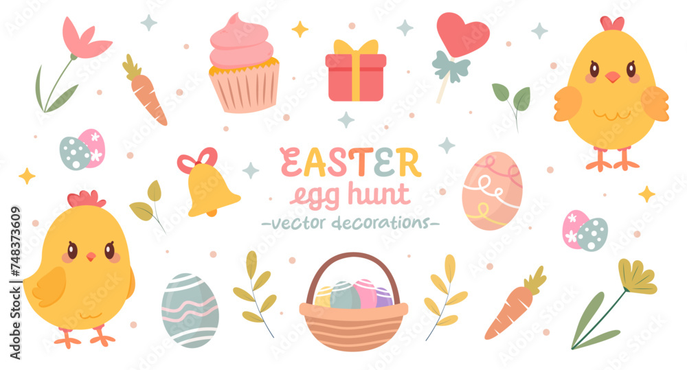 Cute Easter decoration set. Collection of traditional Easter vector elements. Chicken, eggs, basket. Ideal for greeting cards, stickers, posters.