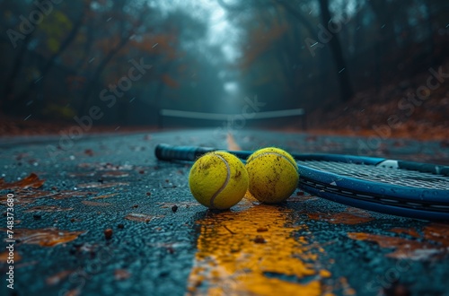 Tennis balls and racket lay on a wet court with vivid yellow lines and a mysterious foggy backdrop © Nena Ai