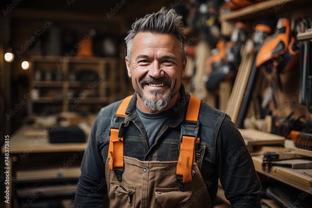 portrait of a carpenter in woodworking studio with rows of neatly arranged tools, creating an organized and inspiring workspace portrait of a carpenter in woodworking studio with rows of neatly arranged tools, creating an organized and inspiring workspace