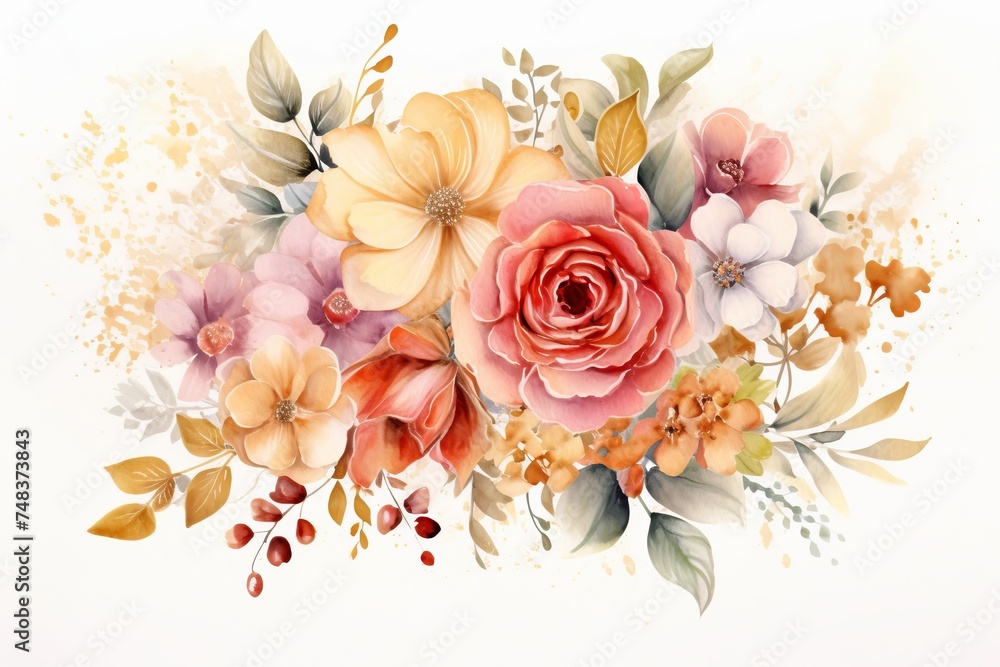 Watercolor Boho Flowers with Neutral Colors, Flat White Background with Copy Space