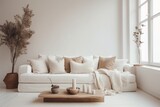 photo of living room interior boho still, with cozy beige couch, modern minimalist design of apartment