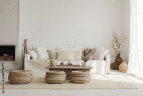 modern living room with sofa  minimalistic style  boho style 