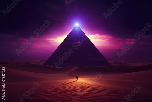 Futuristic neon desert scene with glowing purple triangle and woman.