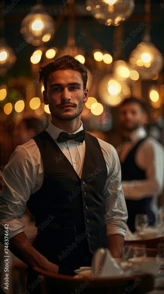 A suave young waiter in a vest and tie serves in a restaurant with a vintage ambiance and warm lighting