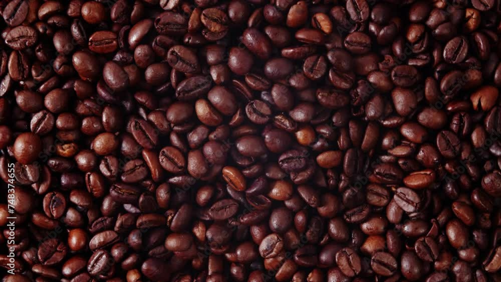 Roasted coffee beans rotate in a circle, top-down view. Top view background of aromatic brown coffee beans scattered on surface. Roasted coffee beans rotate in a circle, top-down view. Top view background of aromatic brown coffee beans scattered on surface.