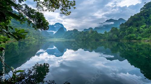 Paisagem tranquila lago sereno cercado por árvores verdes com reflexo do céu e montanhas na água calma photo