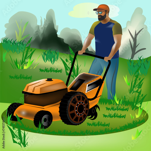 hand drawn vector man on a lawn mower mows the grass