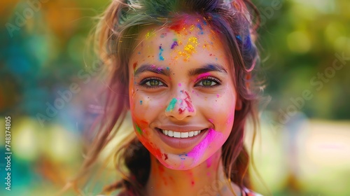 portrait of a girl. Portrait of young Indian Woman celebrating Holi color festival. Indian. Bright holiday