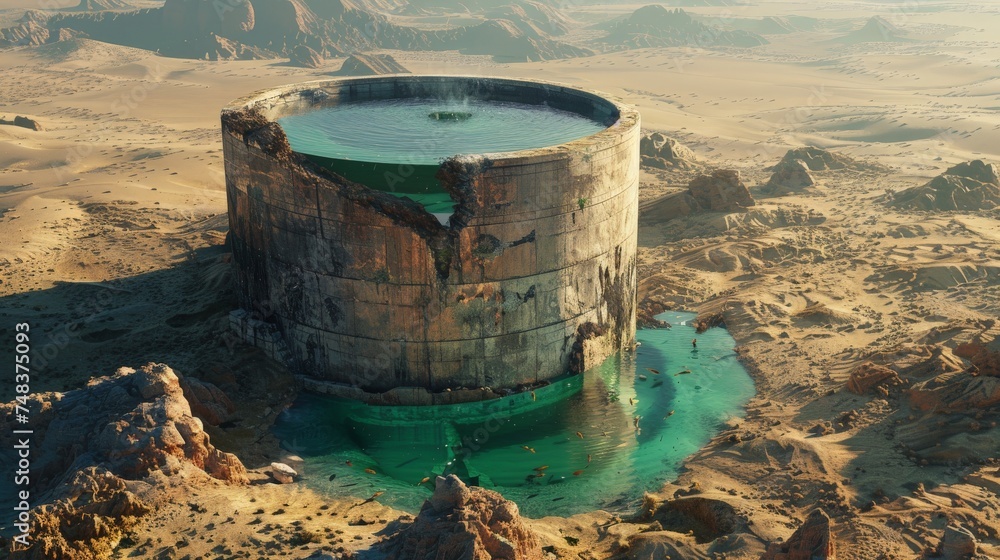 Fototapeta premium An aged, cylindrical structure stands as a lush oasis amidst a vast, barren desert landscape, evoking a sense of salvation