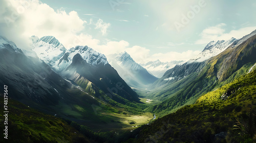 Uma vista panorâmica dos picos nevados de uma impressionante cadeia de montanhas capturando a vastidão da paisagem verdejante photo