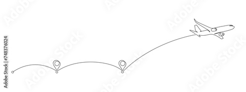 Airplane path and point in One Continuous line drawing. Business Concept of world travel and international flight airline with road in simple linear style. Editable stroke. Doodle Vector illustration