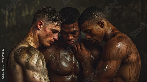 Three handsome guys of athletic build hugging, strong male love and friendship
