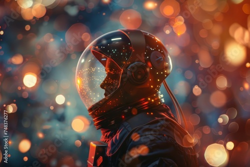 Astronaut standing against starry sky with bright bokeh lights.