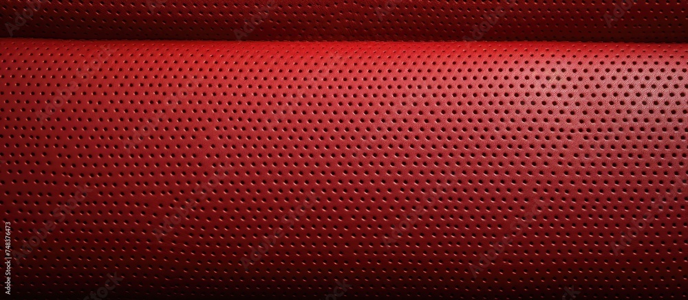 A detailed close up view of a red perforated stitched leather fabric, showcasing the intricate texture and vibrant color of a leather car seat. - obrazy, fototapety, plakaty 