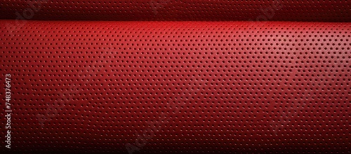 A detailed close up view of a red perforated stitched leather fabric, showcasing the intricate texture and vibrant color of a leather car seat.