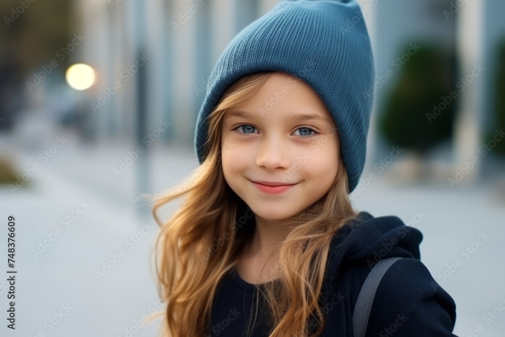 Portrait of a cute little girl in a blue hat on the street Portrait of a cute little girl in a blue hat on the street