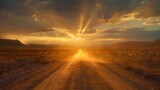 Stunning desert sunset with radiant sunbeams on dusty road. majestic evening sky. peaceful scenic nature backdrop. dramatic landscape photography. AI