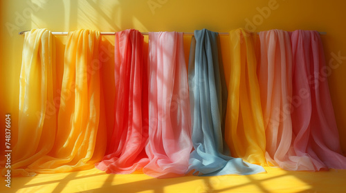 Multicolored Drapery Display in Sunlight Against Vibrant Yellow Background