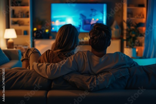 Couple watching TV at home in the evening