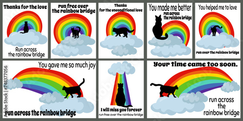 Set of cards about the loss of a pet on the theme of running on the rainbow, various cards about the loss of a cat