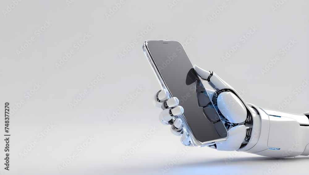 A white robot holding a phone in his hand on a light background. Technologists. Robots. Artificial Intelligence A white robot holding a phone in his hand on a light background. Technologists. Robots. Artificial Intelligence