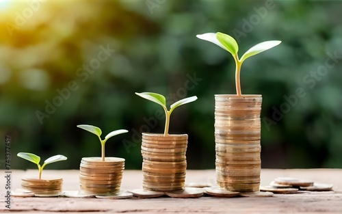 Stacking of coins with plants growing on top for financial and business background. Savings and Accounts, Investments, Funds, Bonds, Dividends, and Interest, Finance Banking Business Ideas, photo