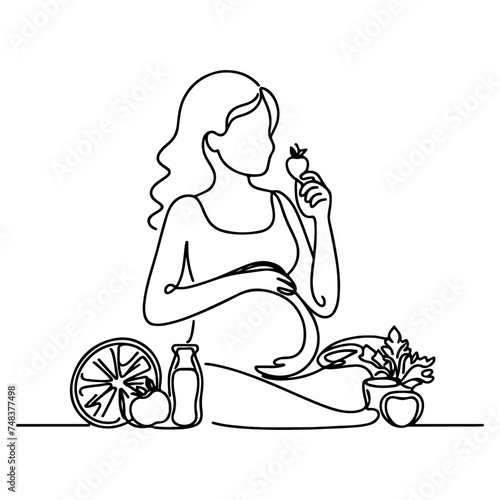 single continuous black line art drawing linear art medicine health care pregnancy healthy with pregnant food doodle vector illustration