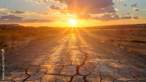 Golden sunset over a cracked desert road, scenic and tranquil. landscape photo suitable for travel and nature themes. AI