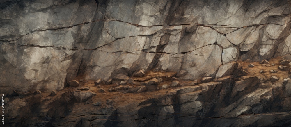 A painting depicting a rocky cliff with a tree emerging from its rugged surface. The tree appears to be thriving despite the harsh environment, showcasing resilience and strength in nature.