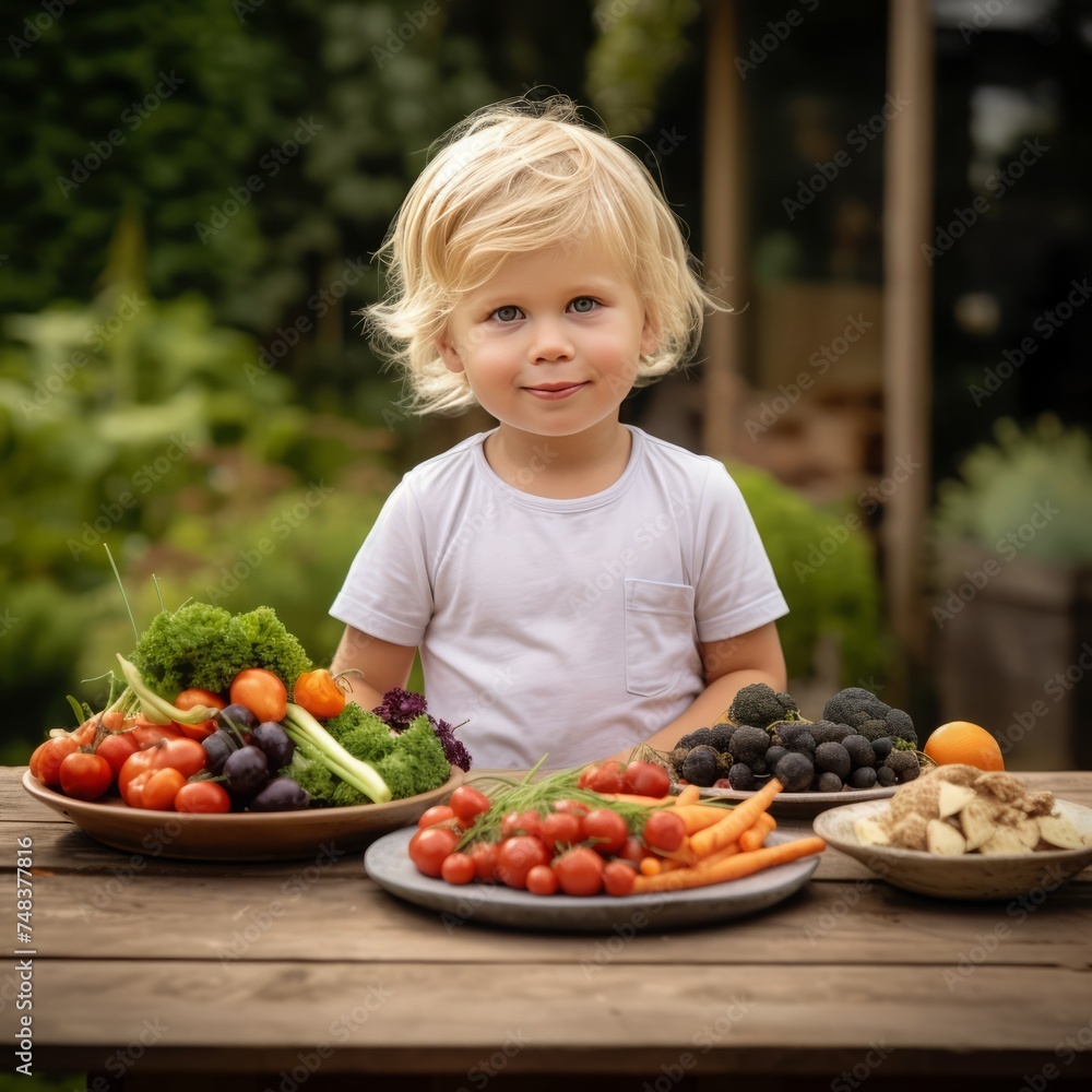 beautiful little boy with plate of fresh fruit and vegetables in garden	