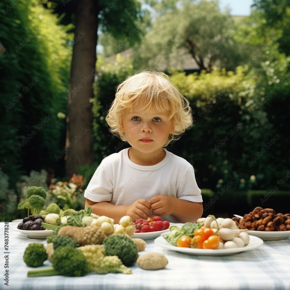 beautiful little boy with plate of fresh fruit and vegetables in garden beautiful little boy with plate of fresh fruit and vegetables in garden