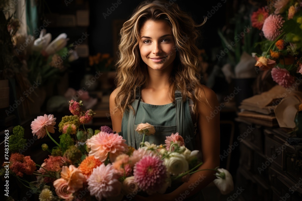 woman florist making a flower bouquet in her flower shop. happy, smiling,	

