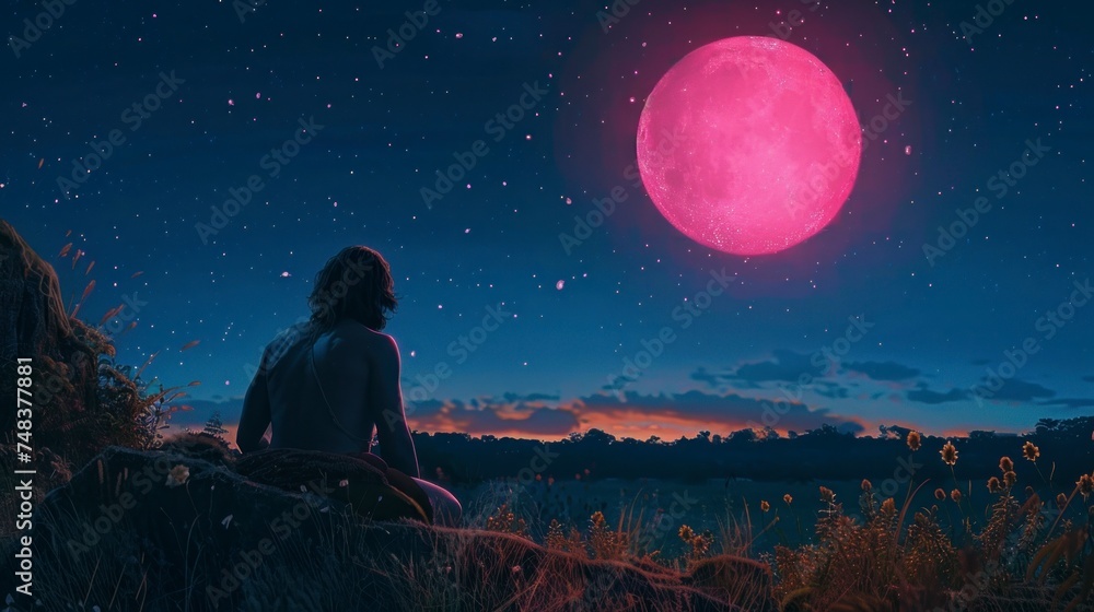 caveman observing a pink star in the night sky at night in high resolution