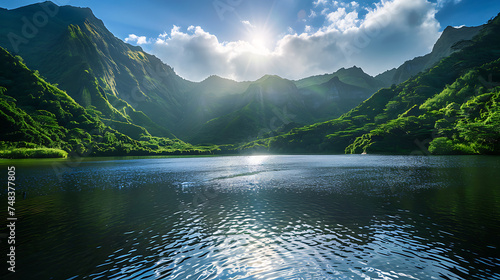 Lago sereno em meio a montanhas verdes cercado por céu azul  Luz suave em tons frios photo