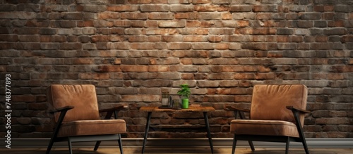 Two chairs are placed side by side in front of a textured brick wall. The chairs are empty, suggesting a potential meeting or social gathering.