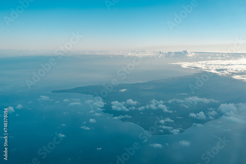 Aerial photography of Honolulu to Kahului from the plane. Molokai is the fifth most populated of the eight major islands that make up the Hawaiian Islands archipelago in the middle of the Pacific 
