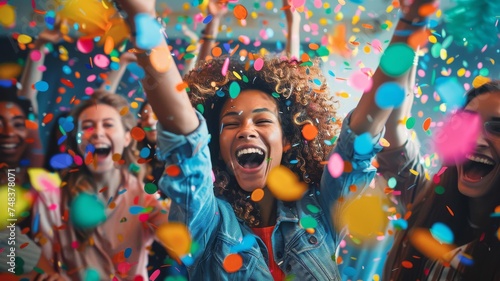 Joyful Office Celebration with Confetti and Laughter. Joyous young woman with arms raised, celebrating with confetti among colleagues in modern office.