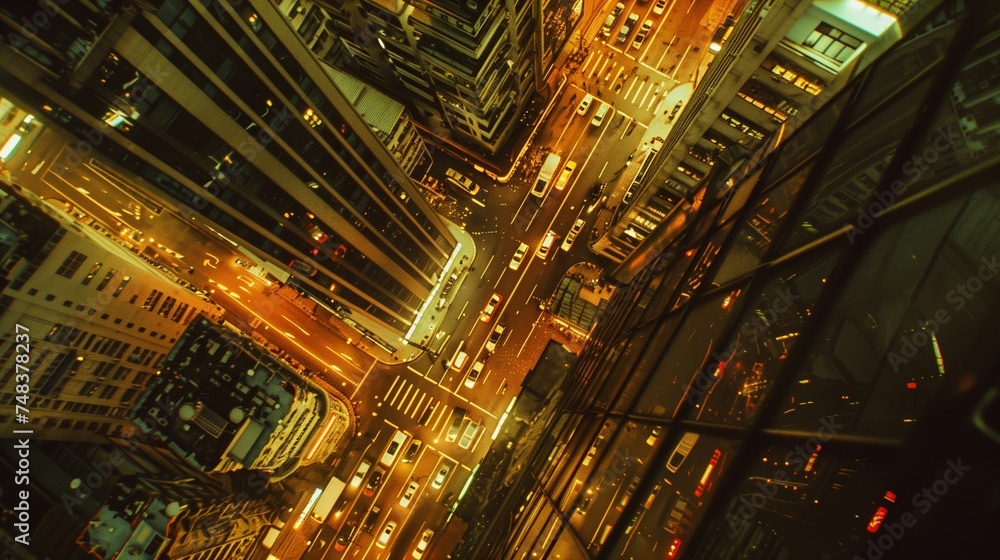 overhead or drone shot looking down at city at night with motion blur and cars vintage look overhead or drone shot looking down at city at night with motion blur and cars vintage look