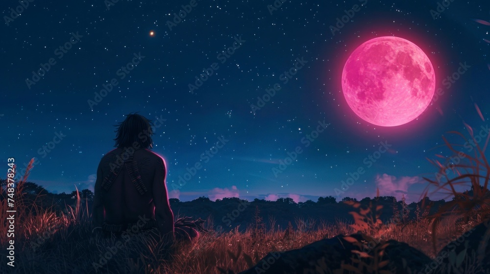 caveman observing a pink star in the night sky at night