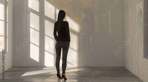Silhouette of a woman in a sunlit room with shadows. modern minimalist style. image for art and design. AI